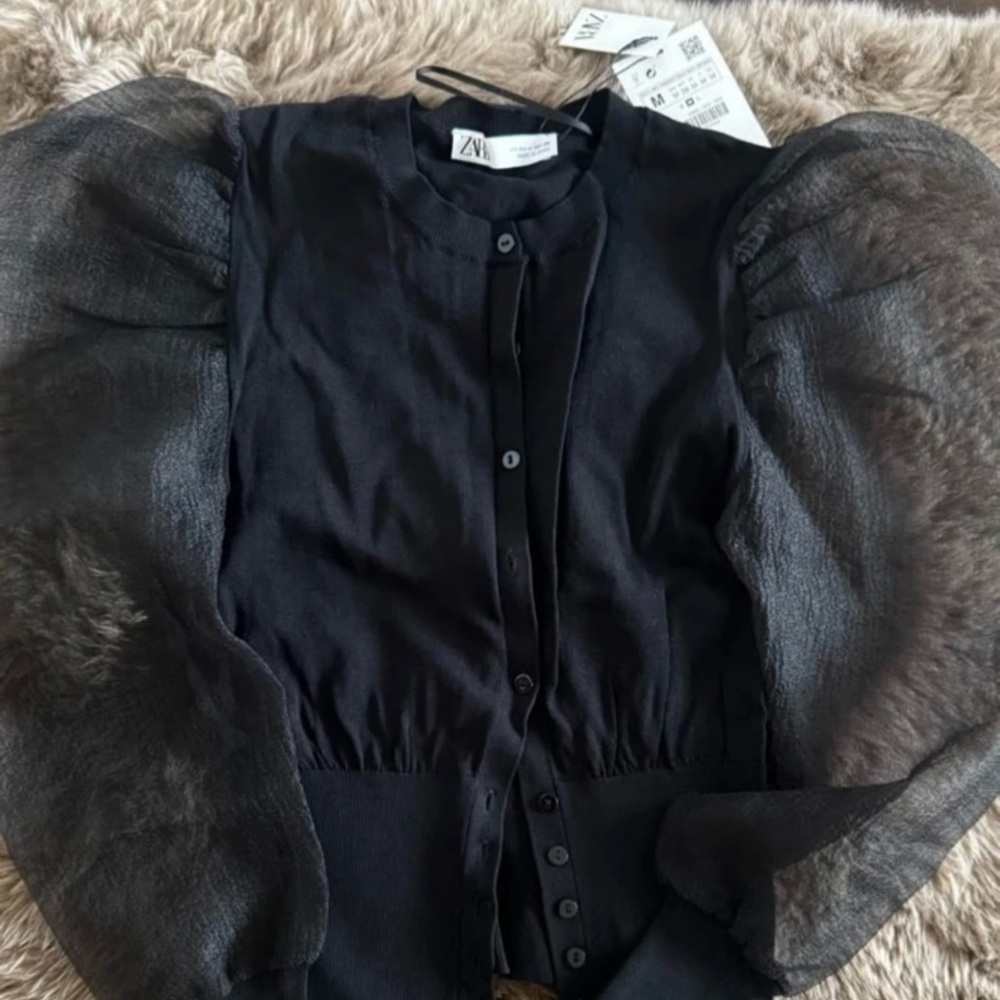 Zara Black Cardigan with Textured Sleeves